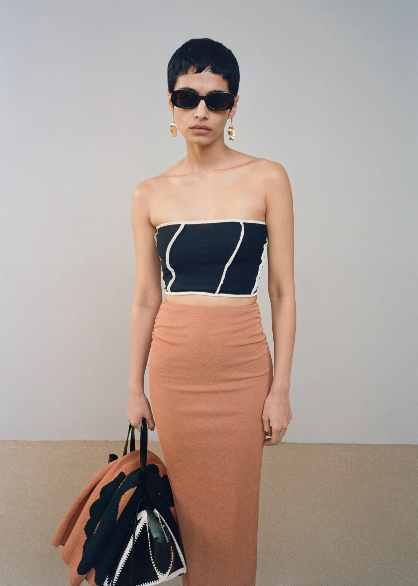 Luisa - Patchwork Mesh-Jersey Tube Top - Black/White wax