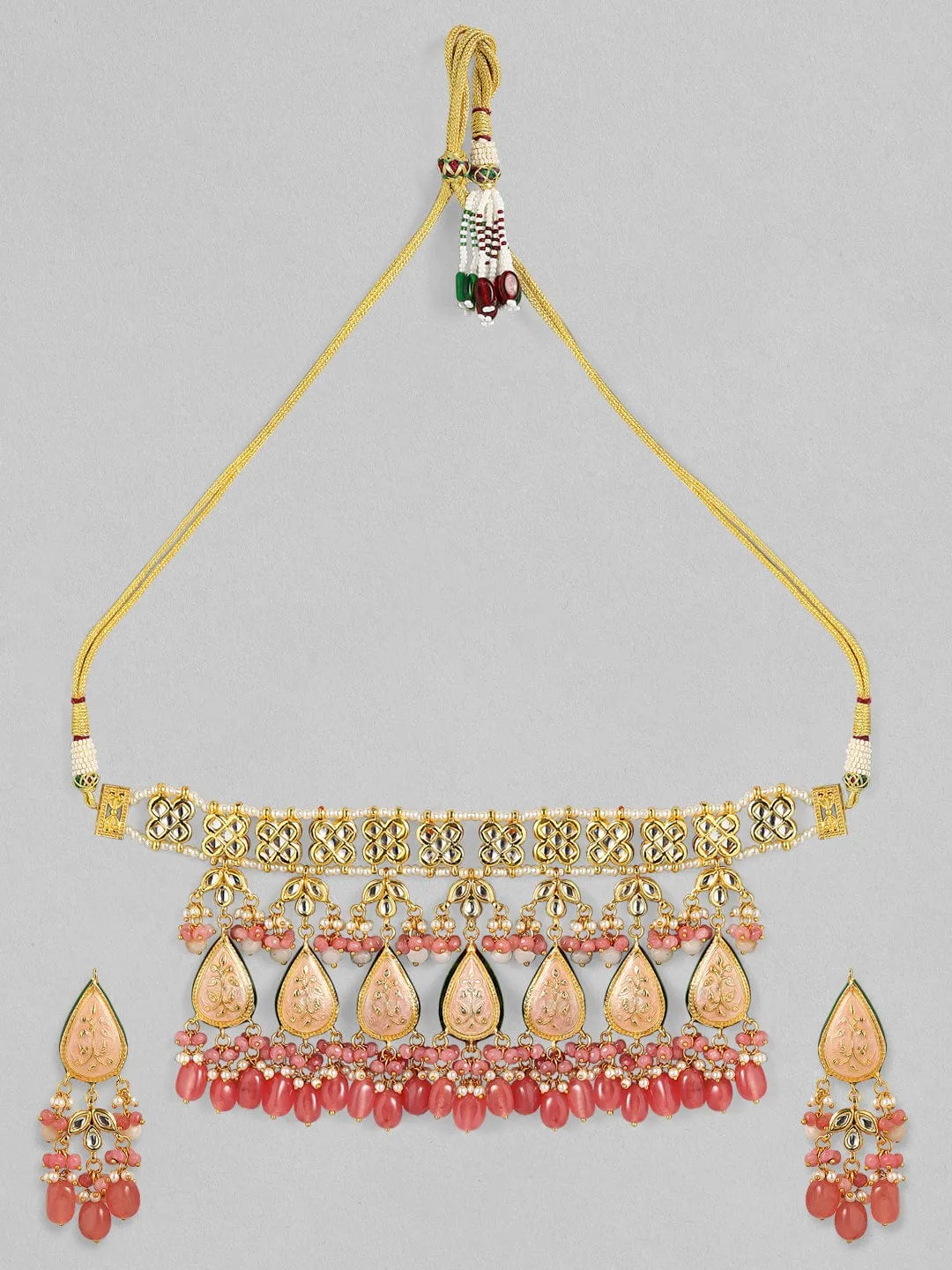 Rubans Luxury 24K Gold Plated Handcrafted Pink Enamel & Pachi Kundan with Pearls Necklace Set