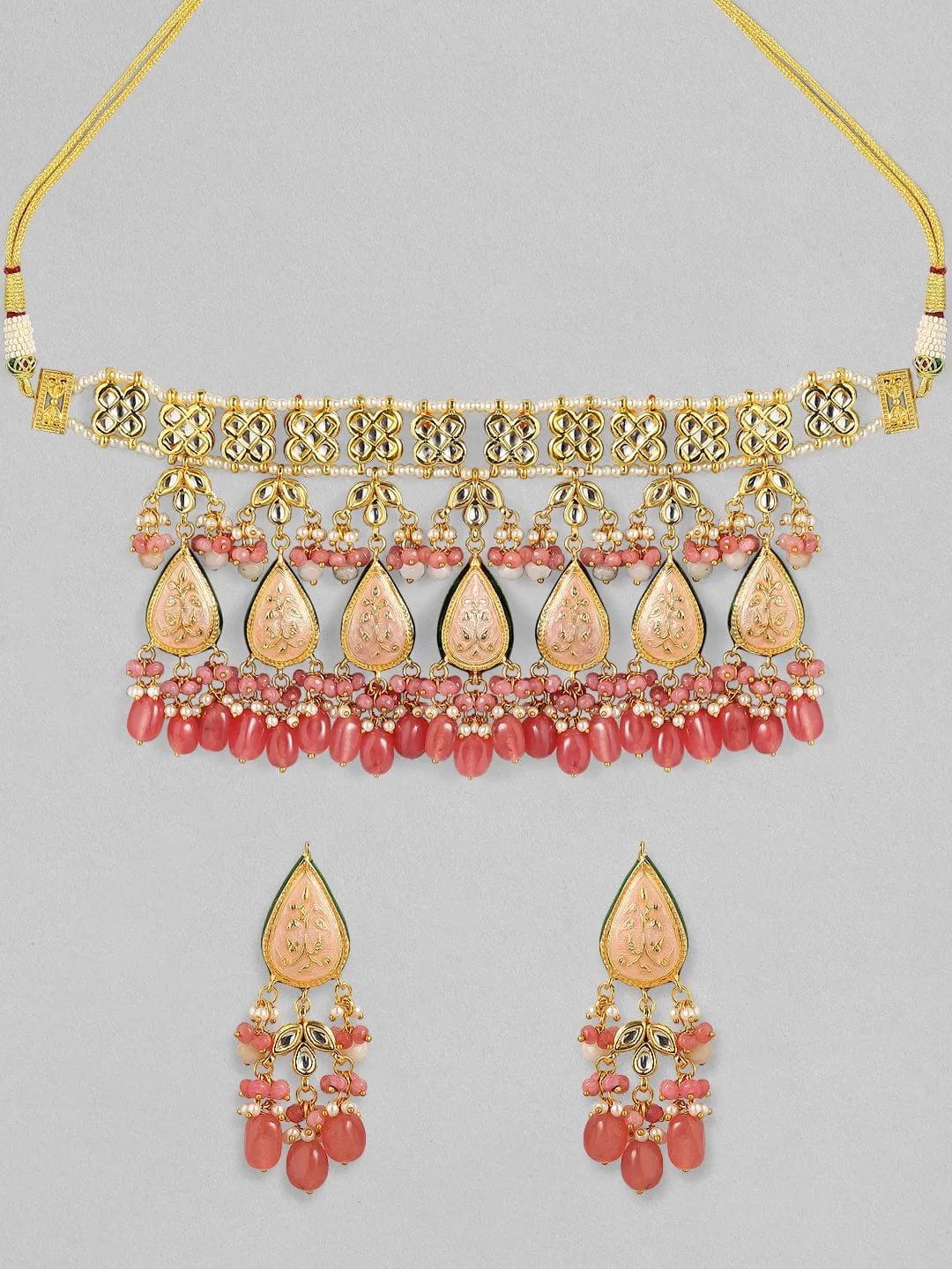 Rubans Luxury 24K Gold Plated Handcrafted Pink Enamel & Pachi Kundan with Pearls Necklace Set